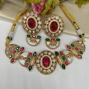 Premium quality Sabyasacchi Inspired choker uncut Kundan goldtone, mother of pearl/ multicolor choker necklace set,earrings wine red