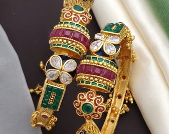 Traditional temple kada| bracelet| pair | Non-openable bangle | South Indian jewelry| green ruby bangle meena |Indian jewelry|wedding| party