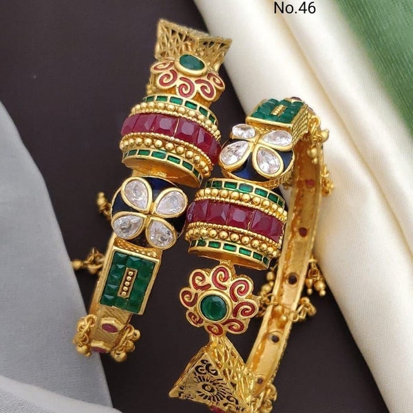 Traditional temple kada| bracelet| pair | Non-openable bangle | South Indian jewelry| green ruby bangle meena |Indian jewelry|wedding| party