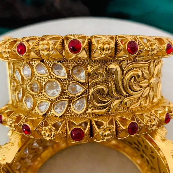 Tyaani Sabyasacchi inspired polki/uncut kundan openable carved bracelet/Kada/bangle/ruby red  pota stones/ carving/ wedding/ party