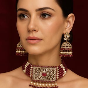 Premium choker set/earring Jhumka backclip/red maroon ruby color stone/moissanite necklace/adjustable size/Tyaani inspired/handmade