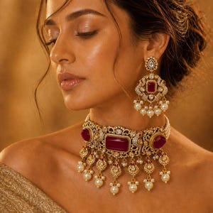 May include: A close-up of a woman wearing a gold and ruby necklace and matching earrings. The jewelry features large, rectangular ruby stones, surrounded by smaller gems and dangling pearls. The woman's skin has a warm, golden tone.