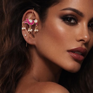 Pair of Navratan Earcuffs/Premium Quality Kundan Jadau Earring/studs/Ruby pink  /Minimalist Design/Earrings Embellished/brass rodium polish