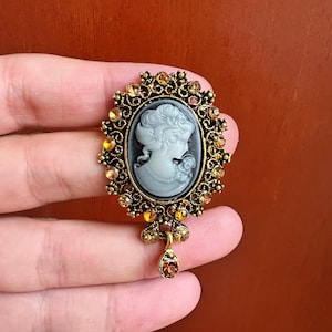 Beautiful Cameo Brooch (2.25&quot;X1.5”), Relief Sculpture Pin, with Velvet Pocket