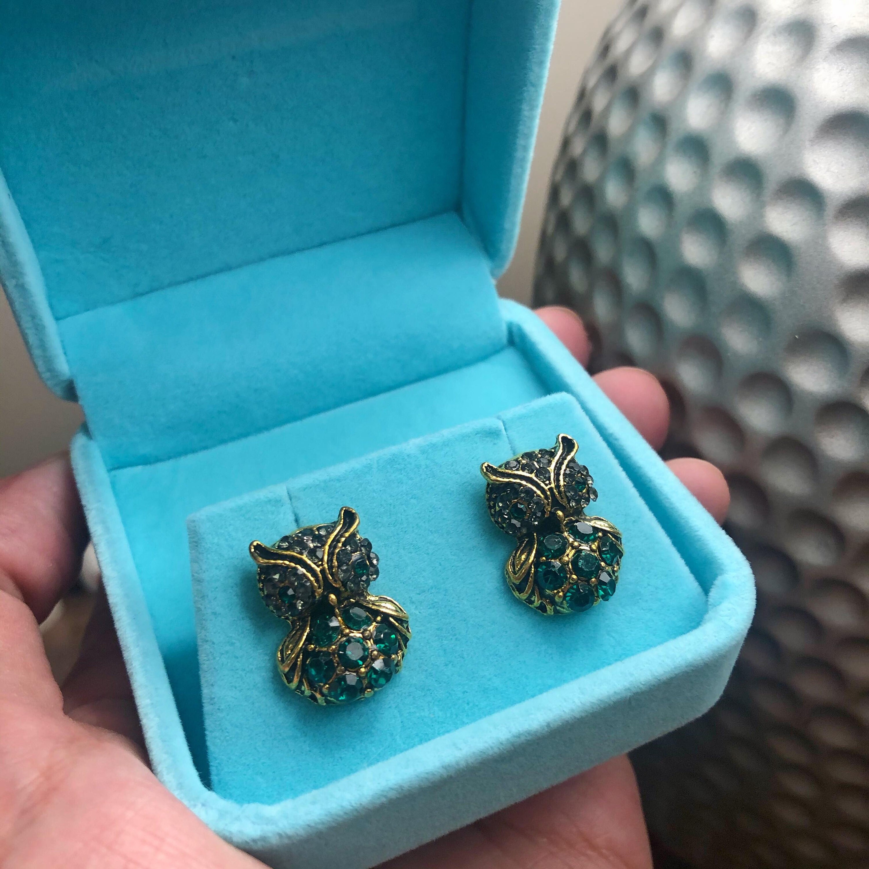 Cute Little Owl Earrings, Green Night Owl, Women Stud Earrings, with Velvet Jewelry Box