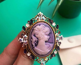 Violet Cameo Brooch, Floral Frame (2x2.5 in), Velvet Pocket Included