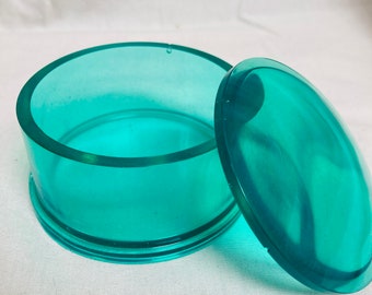 Lidded jewelry box, translucent aqua colored round 3x3x2 inch lidded storage container