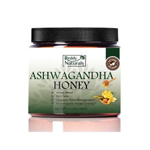 May include: A jar of Reddy Naturals Ashwagandha Honey with a black lid. The label features text including "Honey Blend" and "Supports Stress Management." The jar contains 150g of honey.