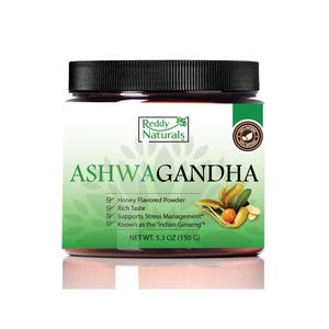 May include: A jar of Reddy Naturals Ashwagandha honey-flavored powder. The label is white and green, with the product name in large letters. The jar contains 150 g of powder and is designed to support stress management.