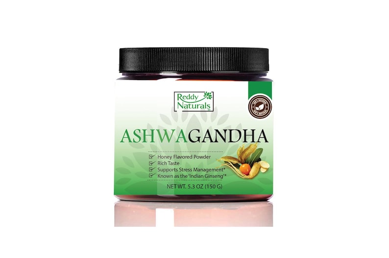 May include: A jar of Reddy Naturals Ashwagandha honey-flavored powder. The label is white and green, with the product name in large letters. The jar contains 5.3 oz (150 g) of powder and is designed to support stress management.