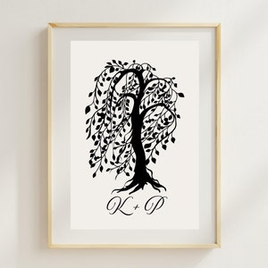 May include: Black and white silhouette of a weeping willow tree with the initials "K + P" at the bottom.