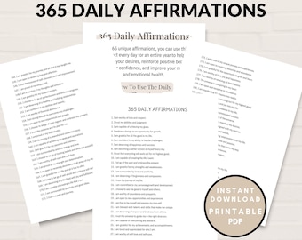 List Of 365 Affirmations, Affirmations Printable, Positive Affirmations For Personal Growth, Daily Affirmations, PDF Instant Download