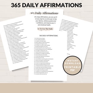 Elenco di 365 affermazioni, Affermazioni stampabili, Affermazioni positive per la crescita personale, Affermazioni quotidiane, Download istantaneo PDF