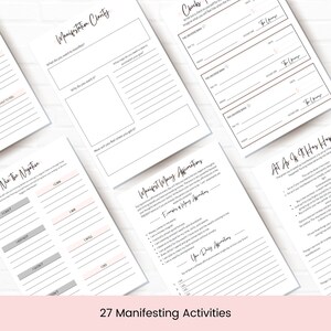 May include: A printable worksheet with 27 manifesting activities. The worksheet includes prompts for manifestation clarity, writing down negative thoughts, and manifesting money affirmations. The worksheet is designed to help you manifest your dreams.