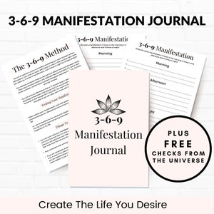 May include: A pink 3-6-9 Manifestation Journal with a lotus flower design and the text "3-6-9 Manifestation Journal." Includes lined pages for affirmations and a bonus of "Checks From The Universe."