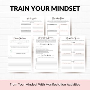 May include: A printable worksheet with a pink and white design, titled "Train Your Mindset". The worksheet includes activities to help you reframe negative thoughts, identify money blocks, and manifest your goals. The worksheet includes sections titled "Nix the Negative", "Bust Money Blocks", "Envision Your Income", "Manifest Money Affirmations", "Your Daily Affirmations", and "Manifestation Timeline".