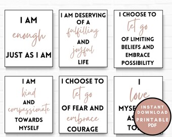May include: A collection of 54 self-love affirmation cards. Each card features a black border and white background with phrases like "I am enough" and "I choose to let go." The text is in black and a soft rose color. A round "Instant Download Printable PDF" graphic is also included.