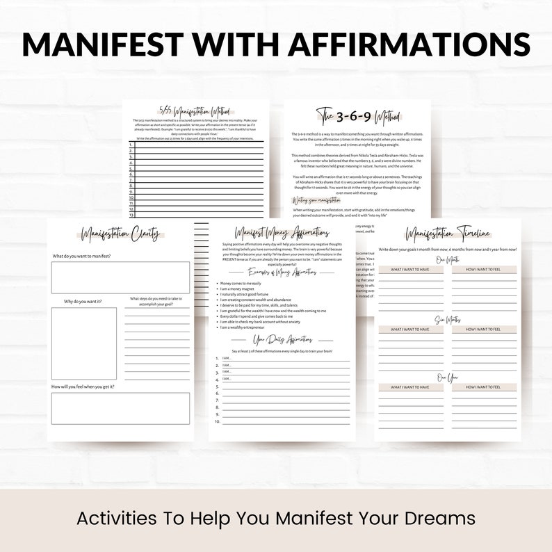 May include: A printable worksheet with activities to help manifest your dreams. The worksheet includes sections for manifestation clarity, money affirmations, and a manifestation timeline.