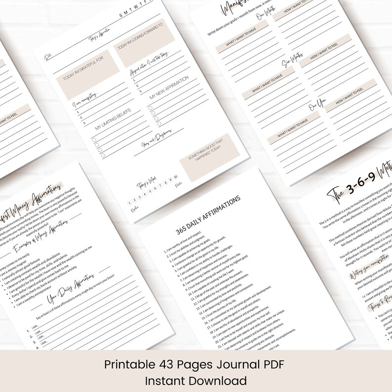 May include: A printable journal PDF with 43 pages for daily affirmations, gratitude, and goal setting. The journal features a light brown and white colour scheme with a minimalist design.