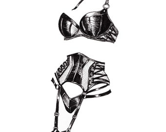 Negative Knickers 2 - Art print, giclée print, illustration, pen and ink drawing, print, wall art, black and white, lingerie, stockings