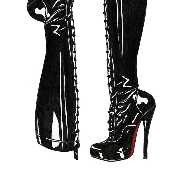 Two stiletto boots -  Art print, giclée print, illustration, pen and ink drawing, print, wall art, black and white, red bottoms