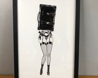 All packed for a naughty weekend - Art print, giclée print, illustration, pen and ink drawing, print, wall art, black and white