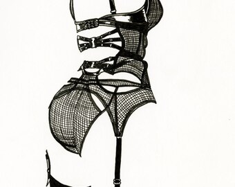Negative Knickers -  - Art print, giclée print, illustration, pen and ink drawing, print, wall art, black and white, lingerie
