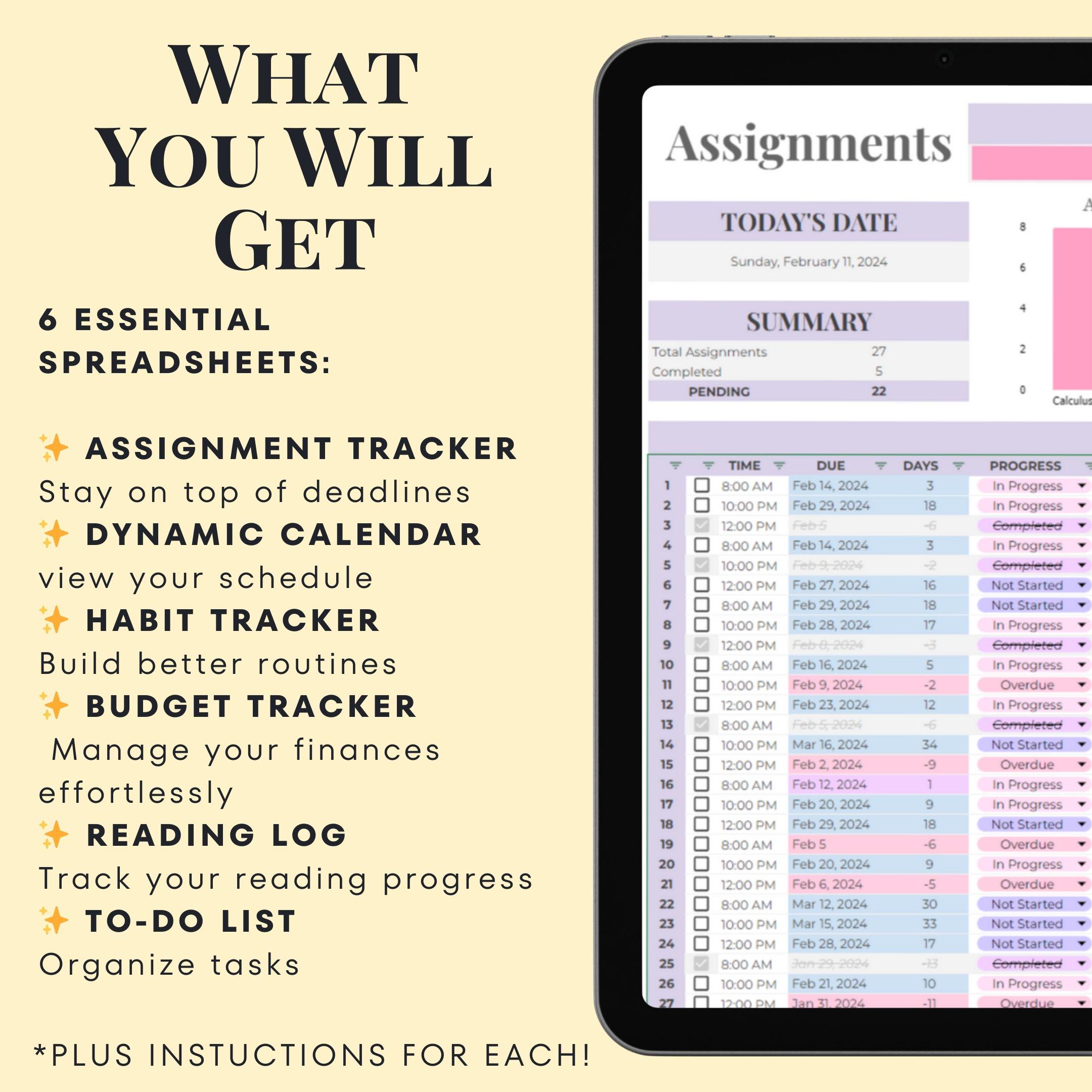 Academic Student Planner: Google Sheets Spreadsheet Template for School ...