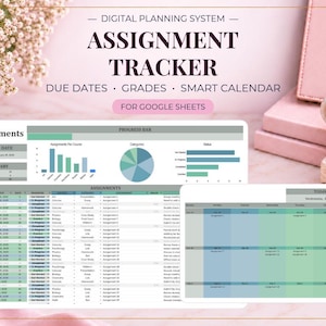 May include: A digital planning system assignment tracker for Google Sheets featuring a dashboard with a progress bar, bar charts, a pie chart, and a detailed assignment list. The interface includes sections for due dates, grades, and a smart calendar.