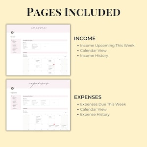 Op de afbeelding: Twee pagina's van een printbare budgetplanner, &eacute;&eacute;n voor inkomsten en &eacute;&eacute;n voor uitgaven. Elke pagina heeft een kalenderweergave, een sectie voor komende inkomsten of uitgaven en een sectie voor de geschiedenis.