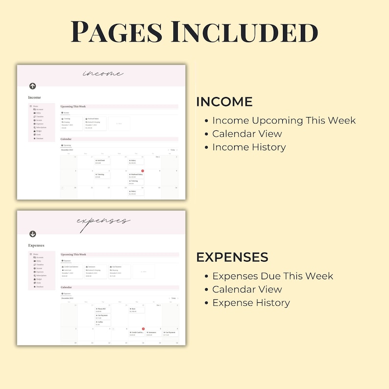 Op de afbeelding: Twee pagina's van een printbare budgetplanner, &eacute;&eacute;n voor inkomsten en &eacute;&eacute;n voor uitgaven. Elke pagina heeft een kalenderweergave, een sectie voor komende inkomsten of uitgaven en een sectie voor de geschiedenis.