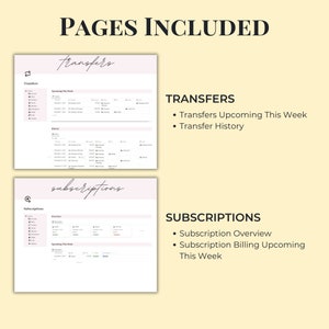 Op de afbeelding: Een digitale plannerpagina met de titel "Overboekingen" en een lijst met items, waaronder "Overboekingen komende week" en "Overboekingsgeschiedenis". Een andere pagina met de titel "Abonnementen" met een lijst met items, waaronder "Overzicht abonnementen" en "Abonnementen facturering komende week".
