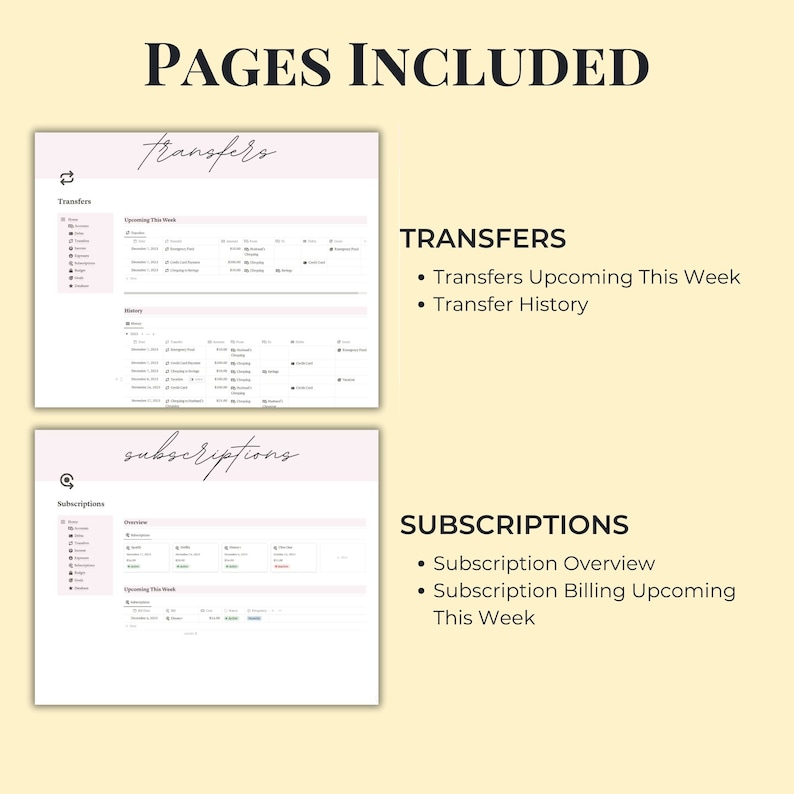 Op de afbeelding: Een digitale plannerpagina met de titel "Overboekingen" en een lijst met items, waaronder "Overboekingen komende week" en "Overboekingsgeschiedenis". Een andere pagina met de titel "Abonnementen" met een lijst met items, waaronder "Overzicht abonnementen" en "Abonnementen facturering komende week".
