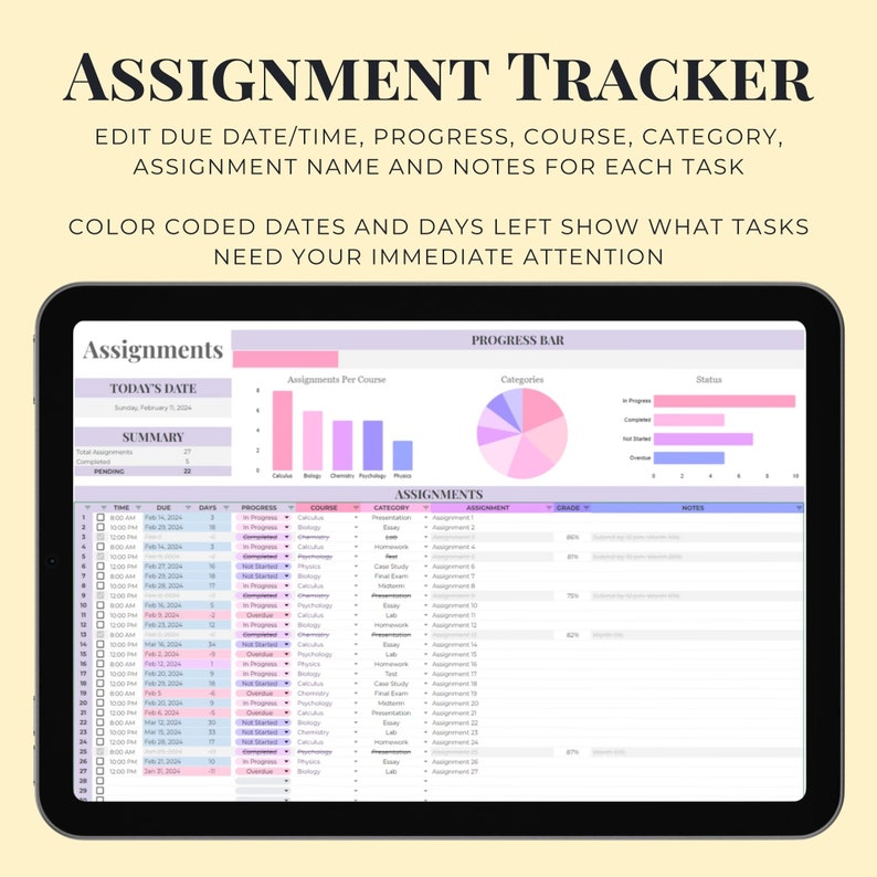 Google Sheets Assignment Tracker Student Planner Academic Template ...