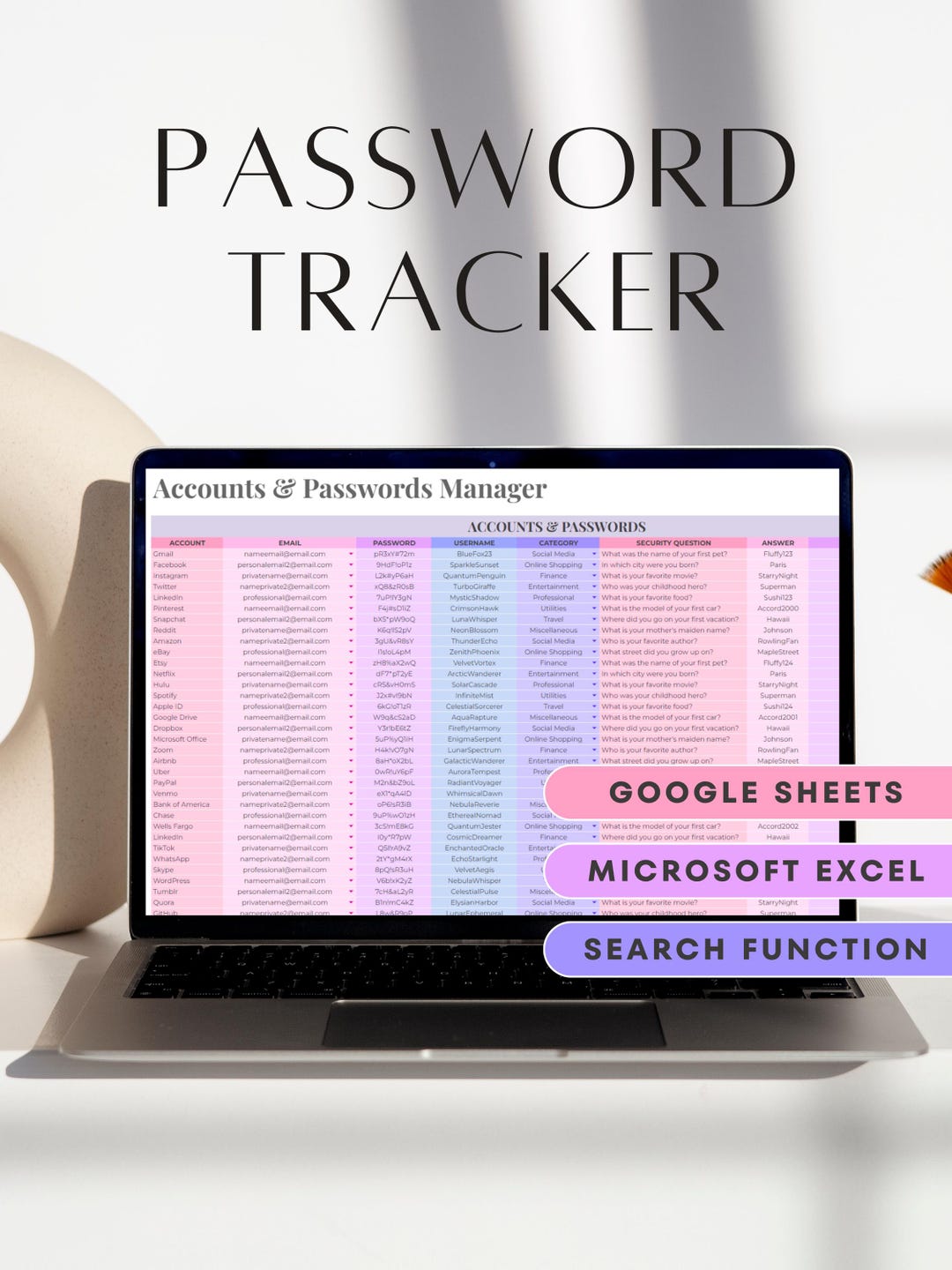 Password Tracker Google Sheets Microsoft Excel Password Spreadsheet ...