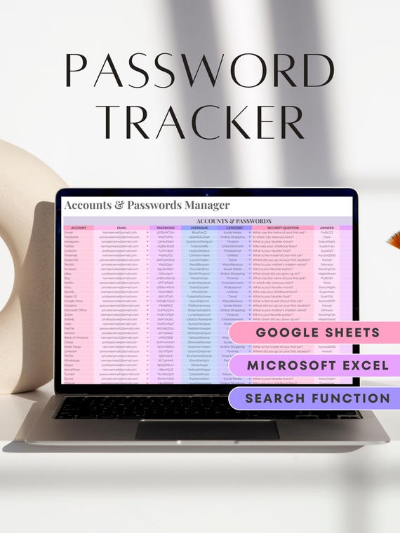 Password Tracker Google Sheets Microsoft Excel Password Spreadsheet Template Password Log Account Tracker Password Keeper Password Organizer