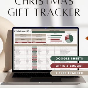 Puede incluir: Un ordenador portátil que muestra una hoja de cálculo de seguimiento de regalos de Navidad. La pantalla muestra una tabla con columnas para la fecha de las vacaciones, el presupuesto, el estado del regalo y un registro de regalos. El texto incluye "Regalos de Navidad", "Google Sheets" y "Regalos y presupuesto."
