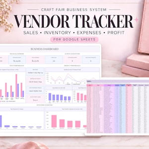May include: A digital craft fair business system vendor tracker for Google Sheets displayed on two screens. The dashboard features financial overviews, event performance charts, inventory data, and profit analysis in pink and purple tones.