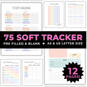 Seguimiento del reto suave de 75 días: Plantillas imprimibles tamaño A5 y Carta (EE. UU.) para planificador, diario de comidas, ejercicio y hábitos, entrenamiento, Goodnotes, Notability