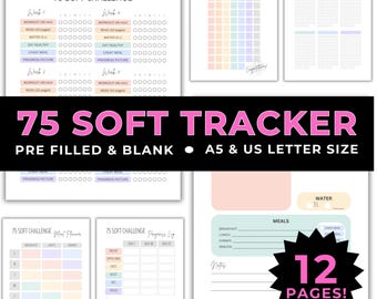 Seguimiento del reto suave de 75 días: Plantillas imprimibles tamaño A5 y Carta (EE. UU.) para planificador, diario de comidas, ejercicio y hábitos, entrenamiento, Goodnotes, Notability