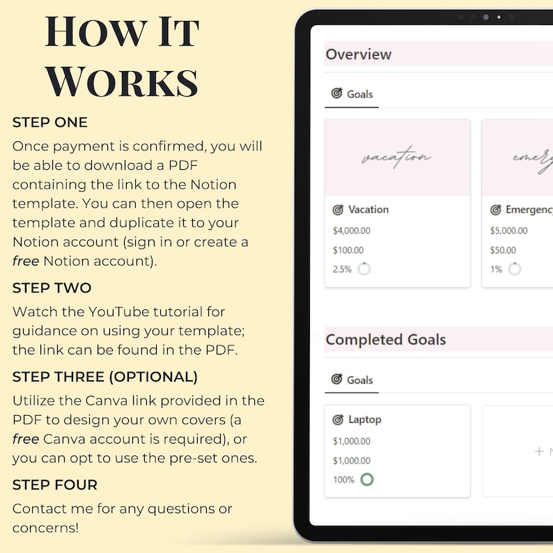 Op de afbeelding: Een digitale planner-sjabloon met een roze en witte kleurstelling. De sjabloon bevat secties voor doelen, voltooide doelen en stappen om te volgen. De tekst "Hoe het werkt" staat bovenaan de pagina. De tekst "Stap 1" wordt gevolgd door instructies over hoe je een PDF kunt downloaden die een link bevat naar een Notion-sjabloon. De tekst "Stap 2" wordt gevolgd door instructies over hoe je een YouTube-tutorial kunt bekijken voor begeleiding bij het gebruik van de sjabloon. De tekst "Stap 3 (optioneel)" wordt gevolgd door instructies over hoe je een Canva-link kunt gebruiken om je eigen covers te ontwerpen. De tekst "Stap 4" wordt gevolgd door instructies over hoe je contact kunt opnemen met de maker voor vragen of zorgen.