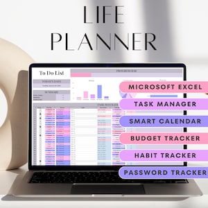 Excel Vorlage Lebensplaner To Do Liste Dynamischer Kalender Habit Tracker Budget Tracker Period/Mood/Sleep Log Passwort Tabelle für Microsoft MS