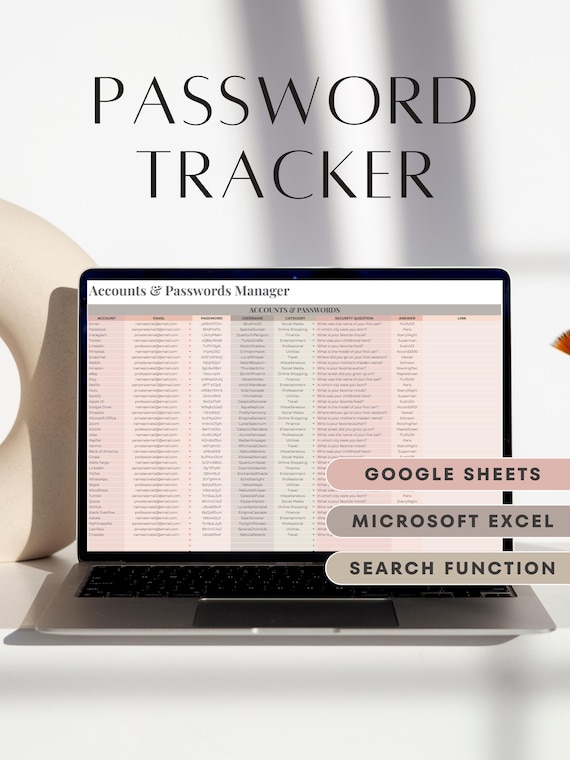 Password Tracker Google Sheets Microsoft Excel Password Spreadsheet Template Password Log Account Tracker Password Keeper Password Organizer