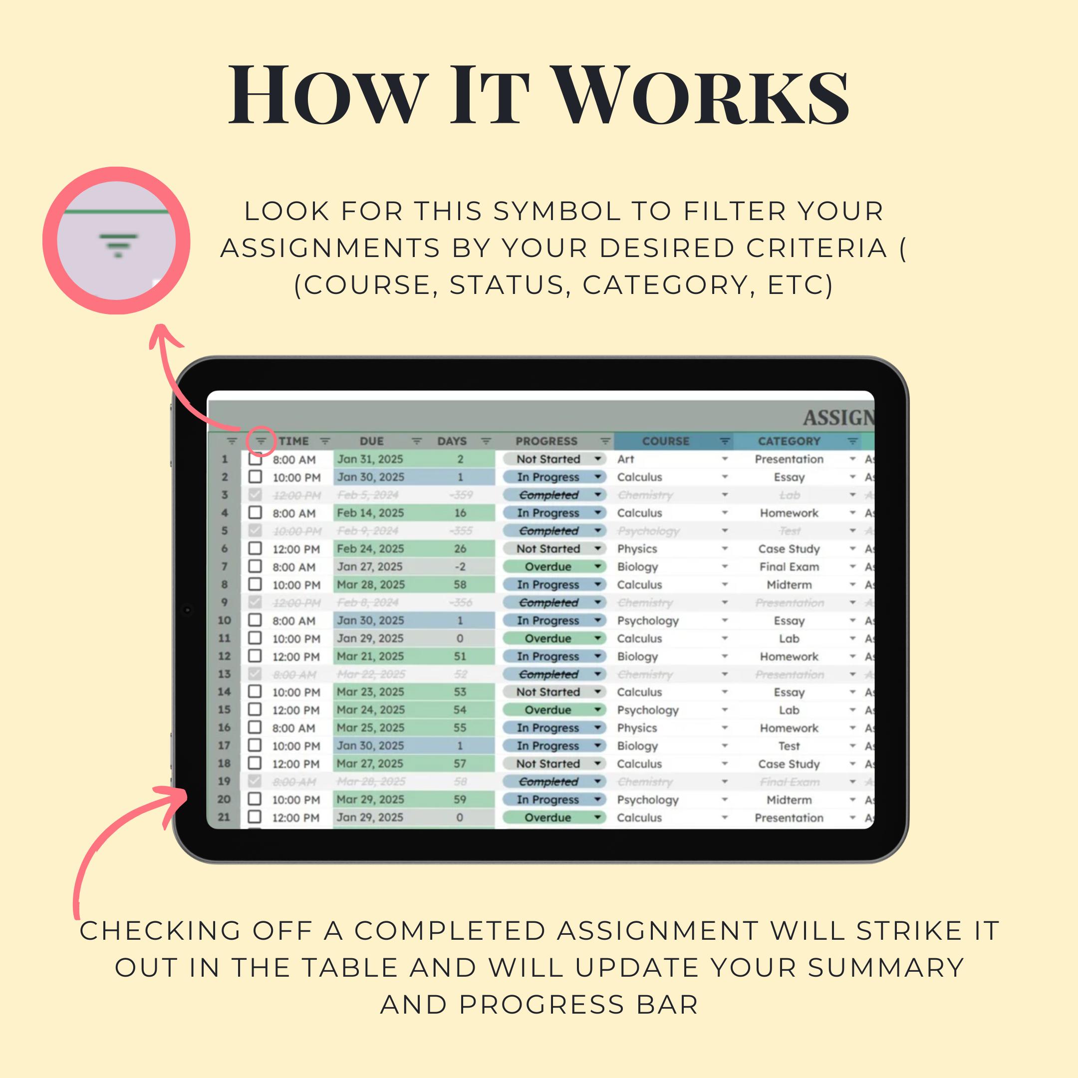 Google Sheets Assignment Tracker Student Planner Academic Template ...