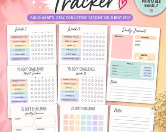 May include: A 12-page printable 75 Soft Challenge tracker bundle featuring habit tracking sheets for weeks 1, 5, and 10, a daily journal page, a weekly overview, and a notes page. The documents include checkboxes for daily tasks like workouts, reading, water intake, and meals.