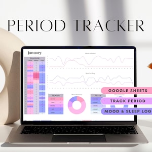 Puede incluir: Una pantalla de computadora portátil que muestra una hoja de cálculo de Google Sheets con un rastreador de períodos. La hoja de cálculo incluye un calendario, un rastreador de estado de ánimo, un rastreador de sueño y gráficos. El texto "Google Sheets Track Period Mood & Sleep Log" se muestra en la pantalla.