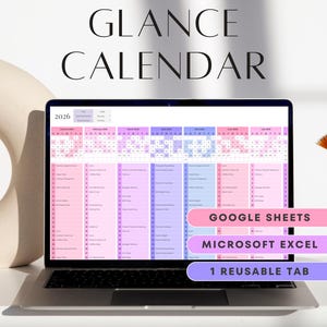 Peut inclure: Un ordinateur portable affiche un "Calendrier Annuel" pour 2026. Le calendrier est codé par couleur, avec des teintes roses, bleues et violettes. Le texte à l'écran comprend "Google Sheets", "Microsoft Excel" et "1 onglet réutilisable".