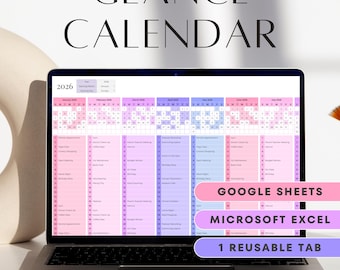 Jaar in één oogopslag Kalender Google Spreadsheets Microsoft Excel Volledige jaarkalender ongedateerd Verjaardagstracker Organisator Maandelijks planningsoverzicht