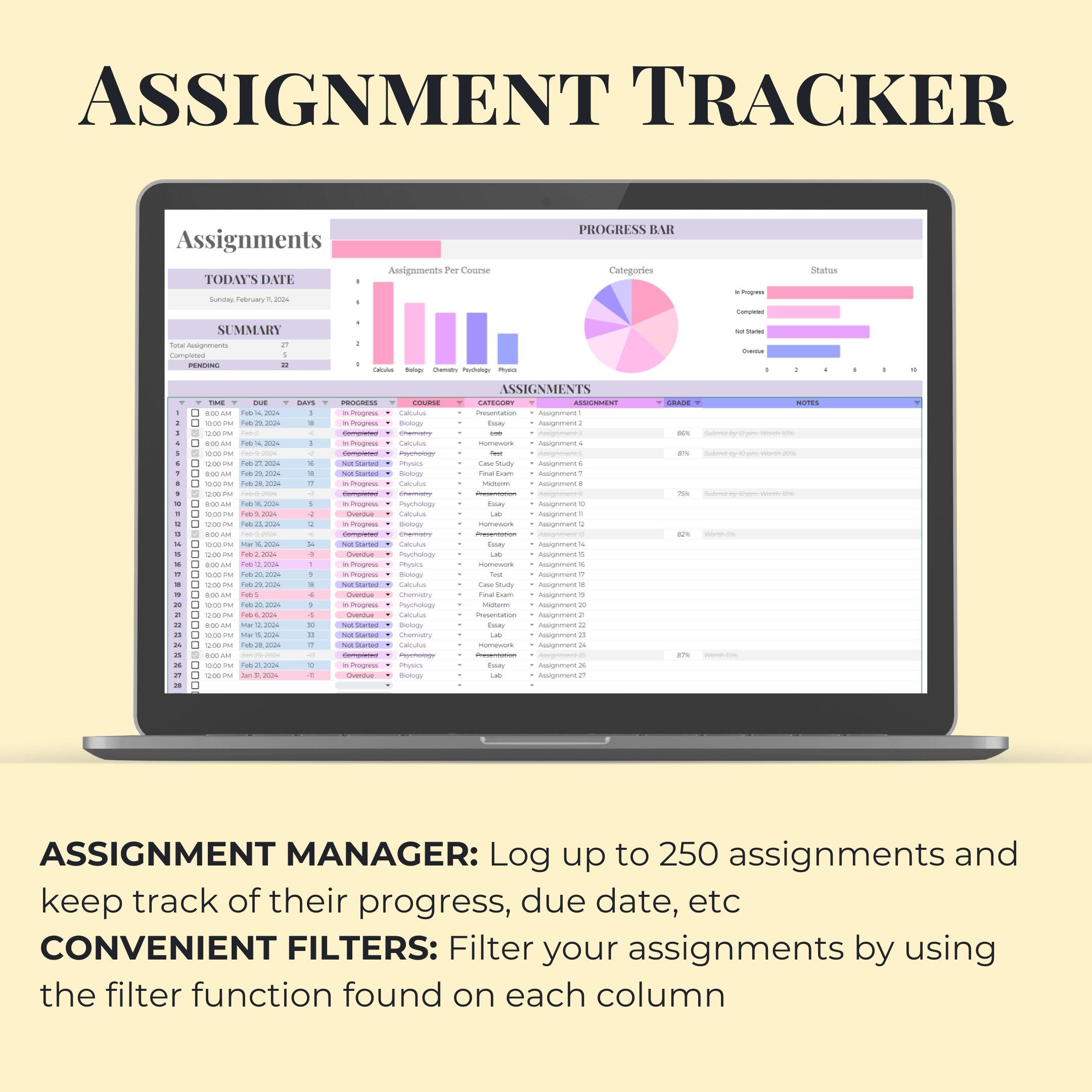 Academic Student Planner: Google Sheets Spreadsheet Template for School ...