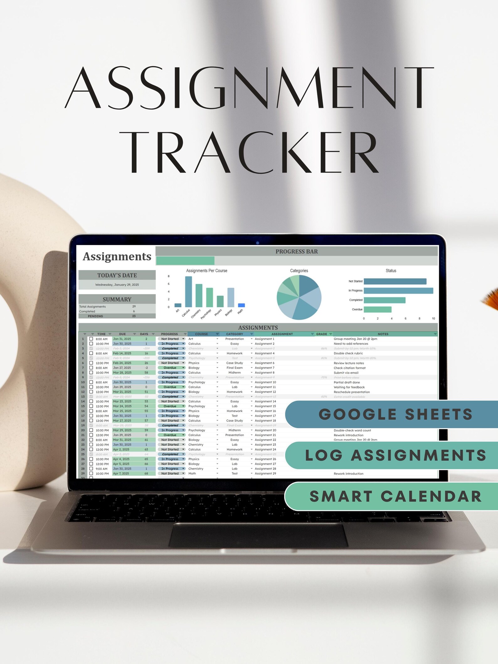Google Sheets Assignment Tracker Student Planner Academic Template ...